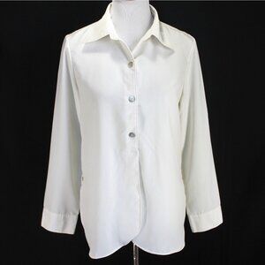 Susan Graver Popover Blouse Womens Size S Ivory Long Sleeve Slits Rounded Hem